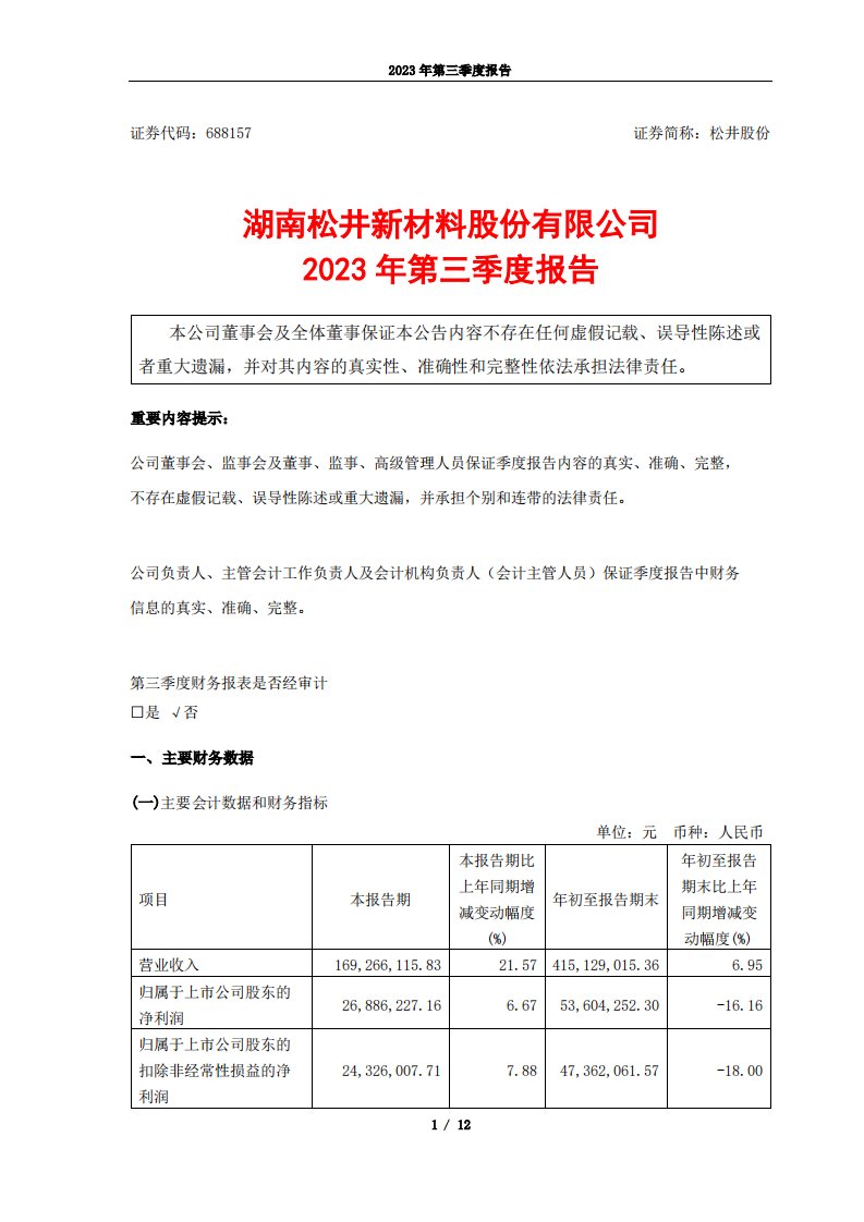 上交所-湖南松井新材料股份有限公司2023年第三季度报告-20231030