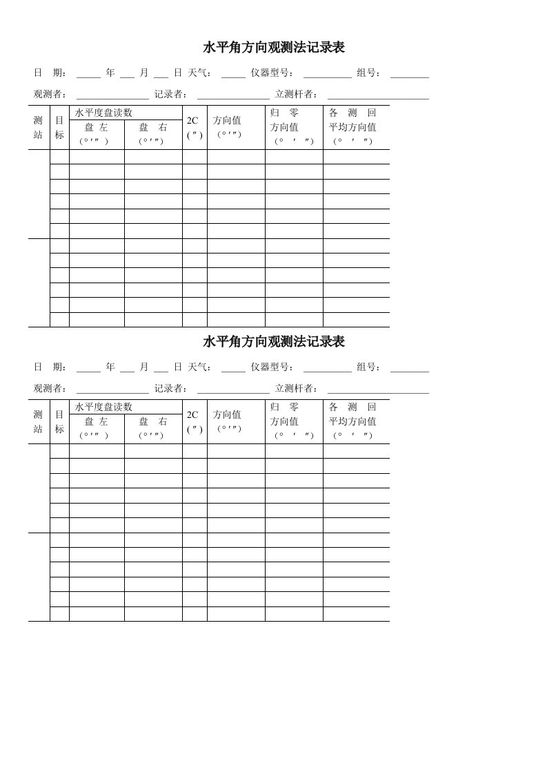 水平角方向观测法记录表