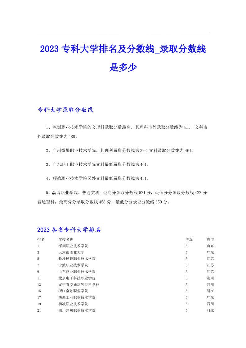 2023专科大学排名及分数线_录取分数线是多少