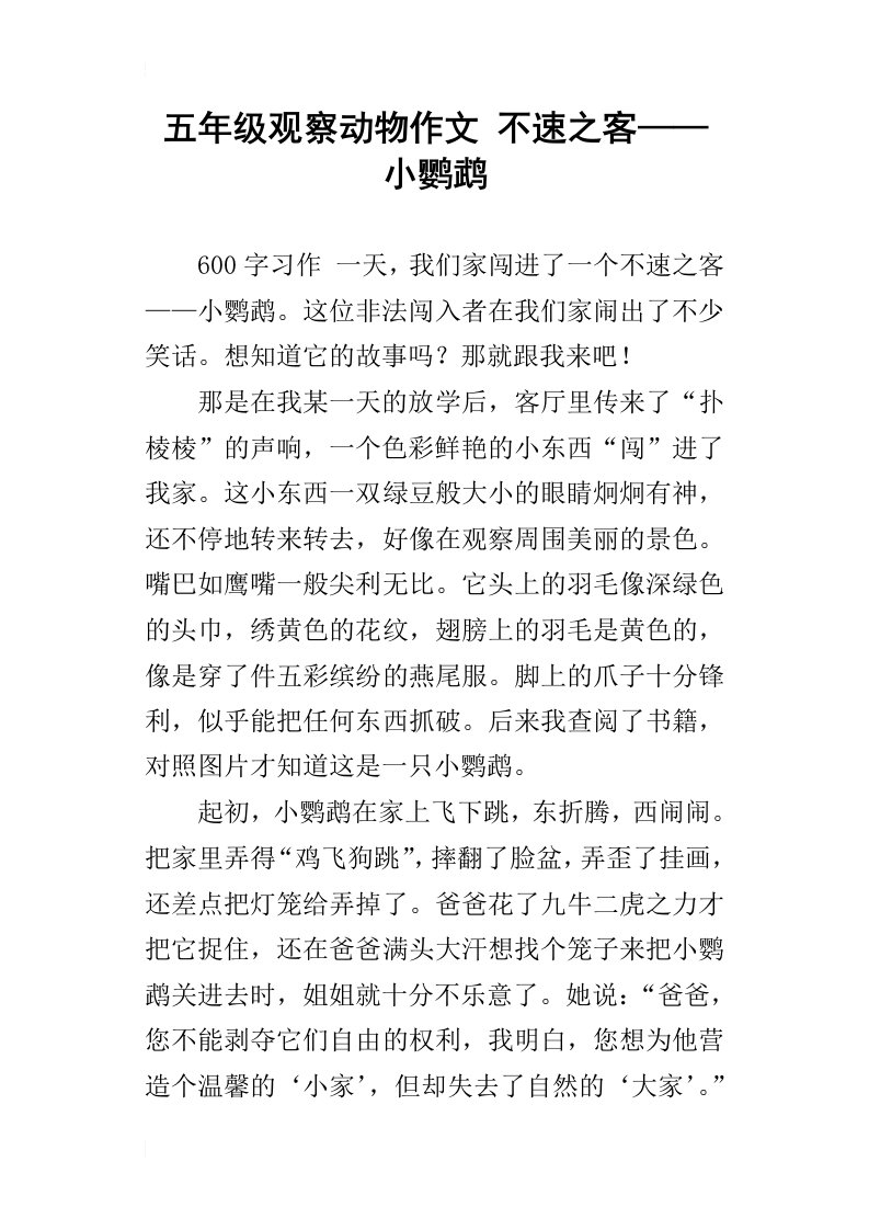 五年级观察动物作文不速之客——小鹦鹉