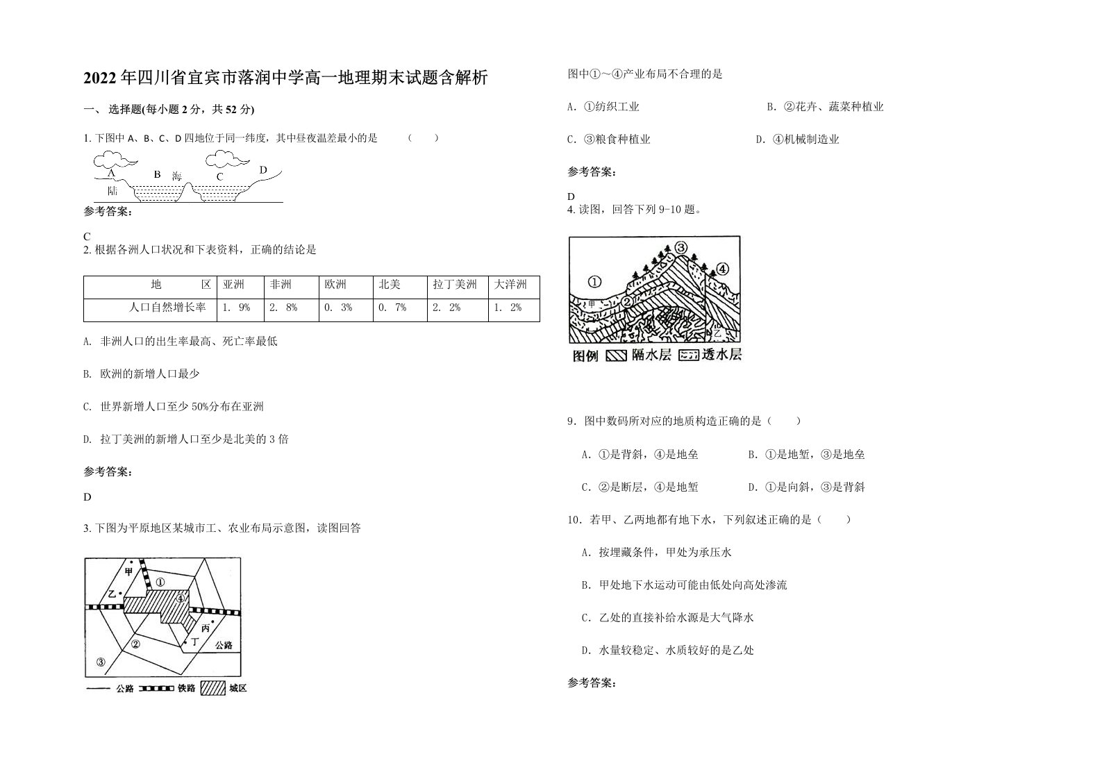 2022年四川省宜宾市落润中学高一地理期末试题含解析