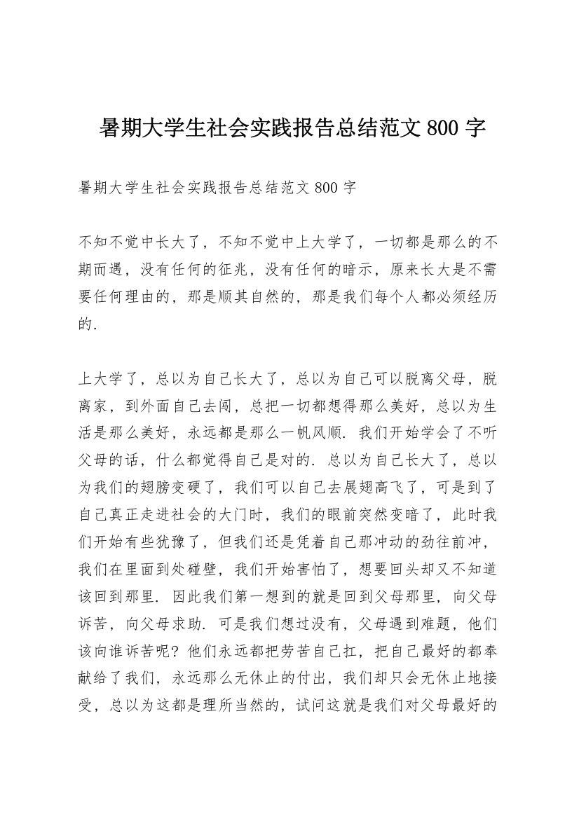 暑期大学生社会实践报告总结范文800字