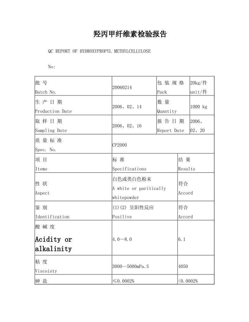 羟丙甲纤维素检验报告