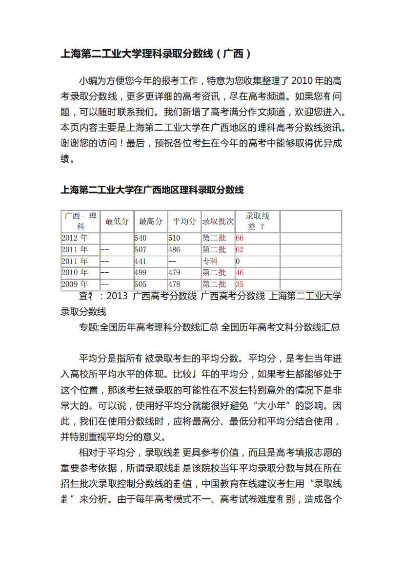 上海第二工业大学理科录取分数线(广西)