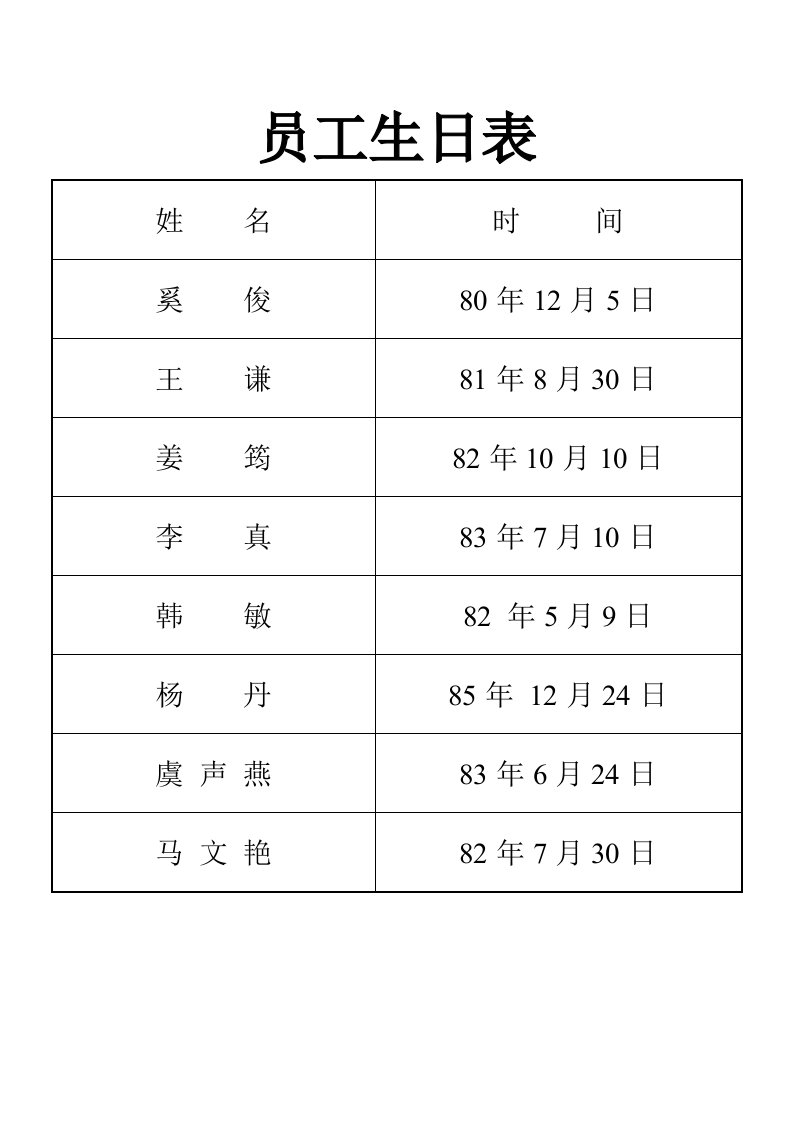 表格模板-员工生日表