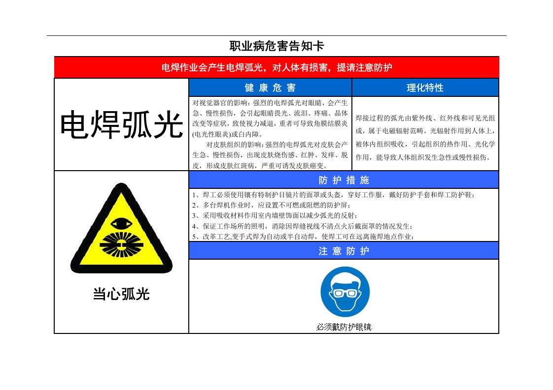 电焊弧光-职业病危害告知卡