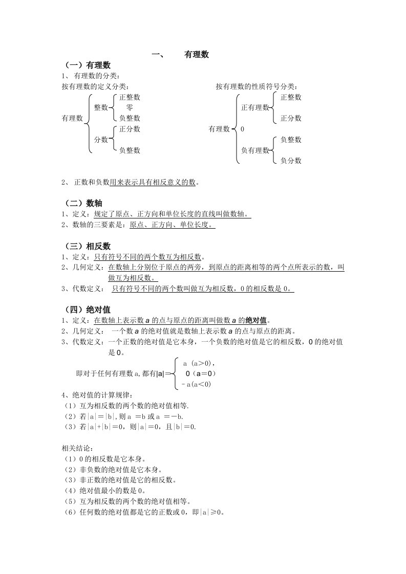 七年级数学定理、概念、公式