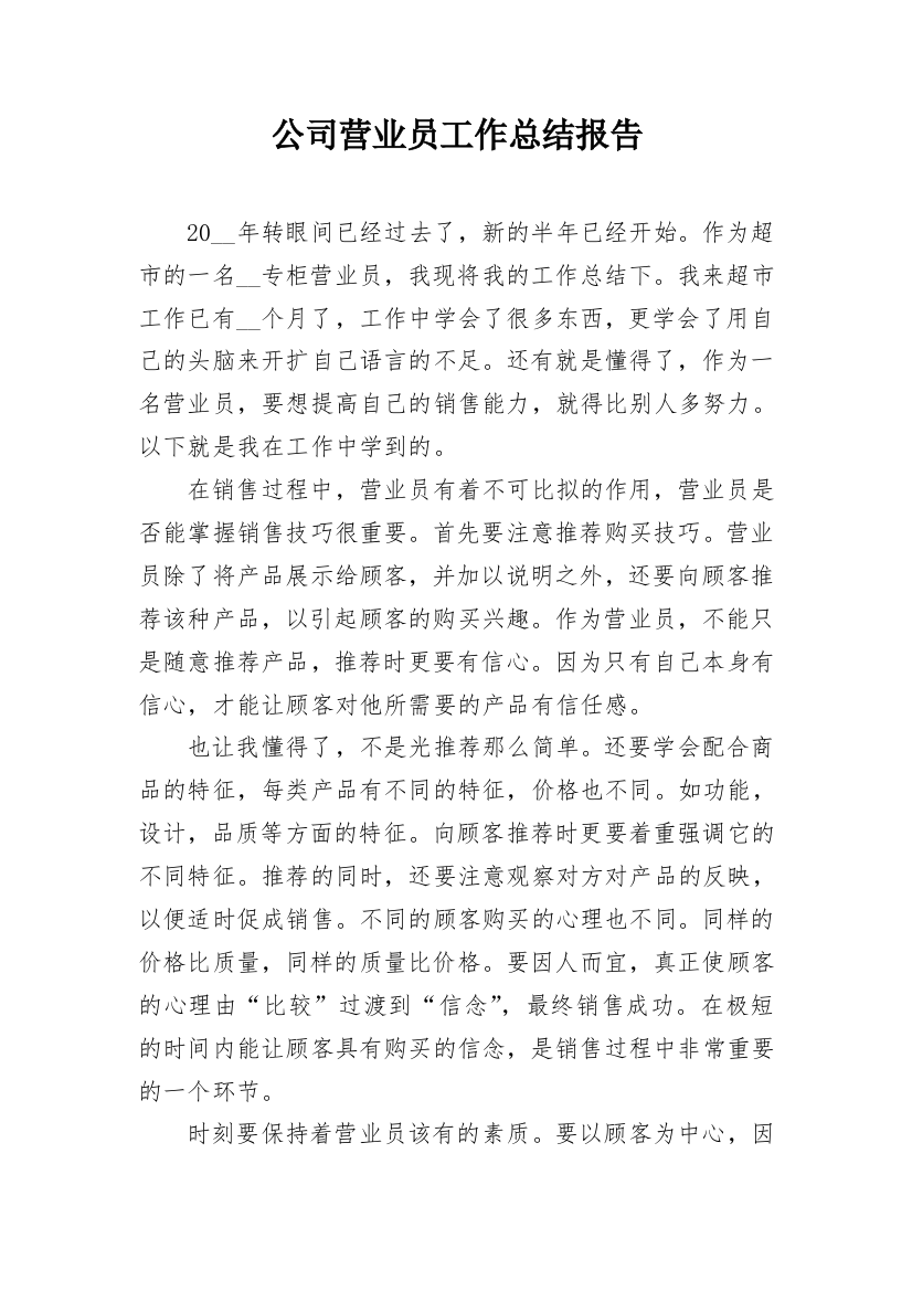 公司营业员工作总结报告