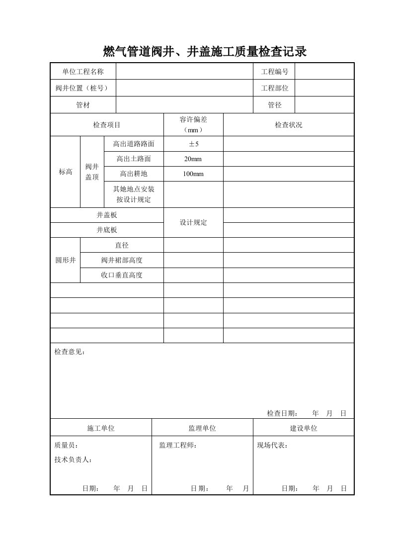 燃气管道阀井井盖综合施工质量检查记录