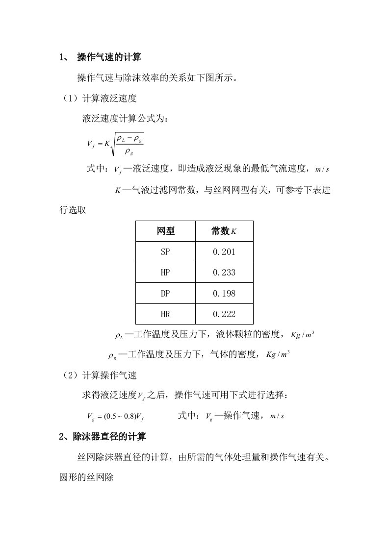 丝网除沫器操作气速和直径计算过程