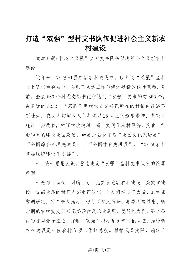 打造“双强”型村支书队伍促进社会主义新农村建设