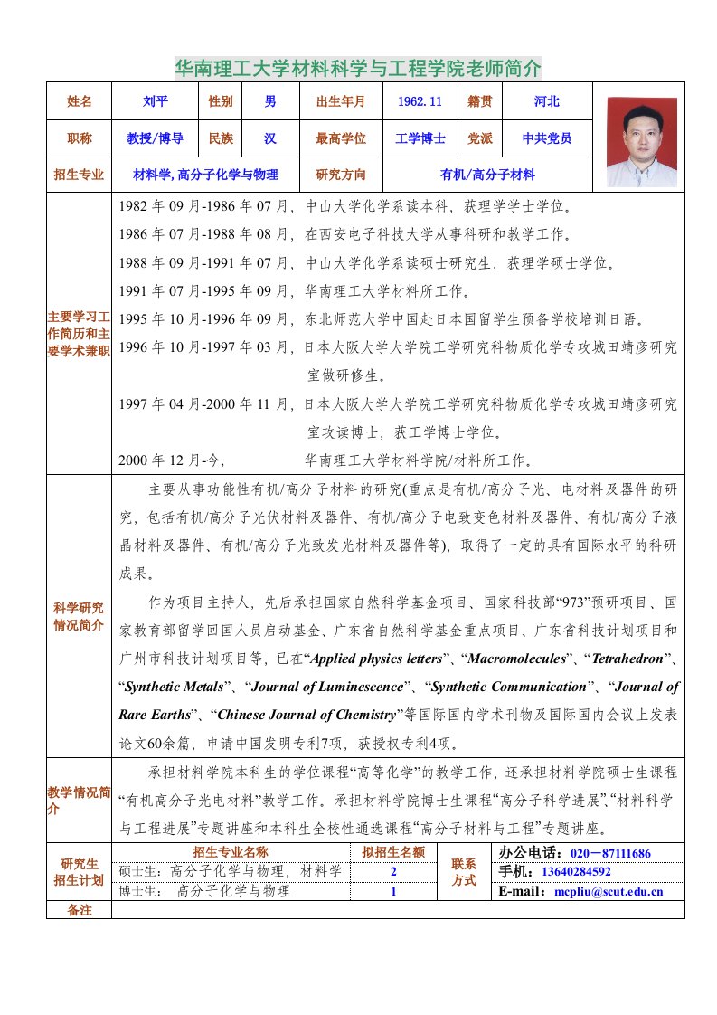 刘平-华南理工大学材料科学与工程学院老师简介.doc