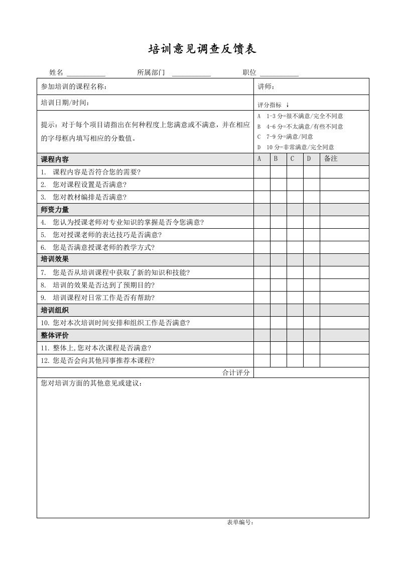 表格模板-培训意见调查反馈表