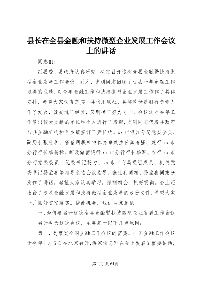 县长在全县金融和扶持微型企业发展工作会议上的致辞_1