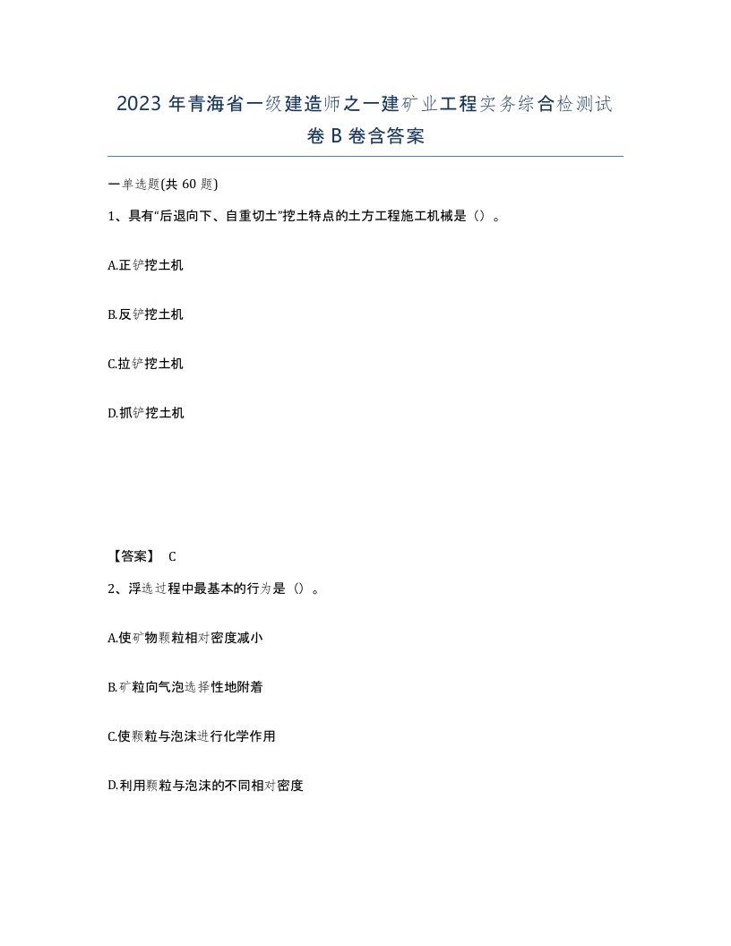 2023年青海省一级建造师之一建矿业工程实务综合检测试卷B卷含答案