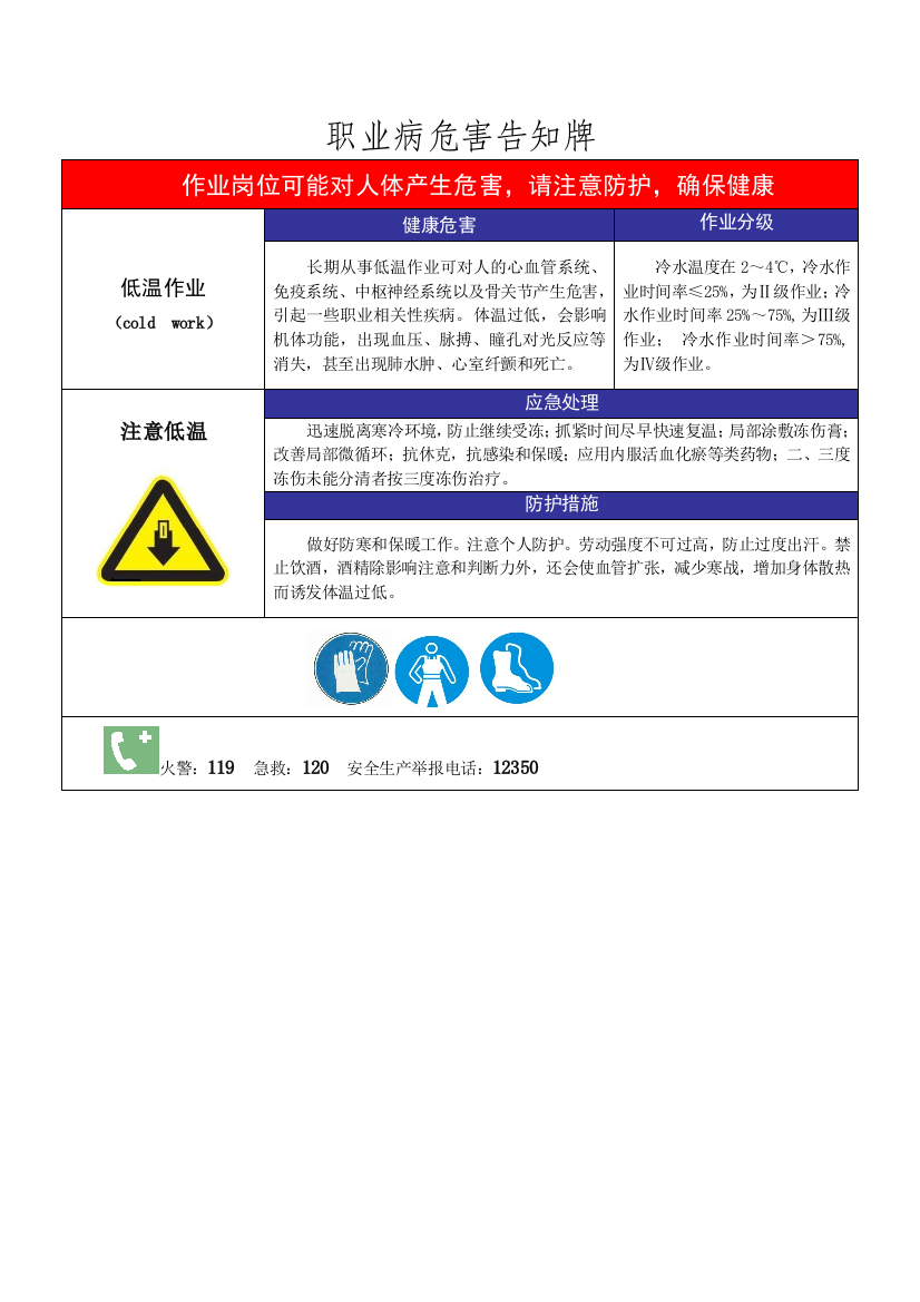 职业病危害告知牌低温