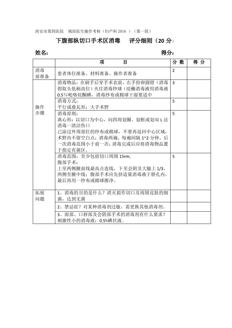 妇产科年度操作考核评分细则