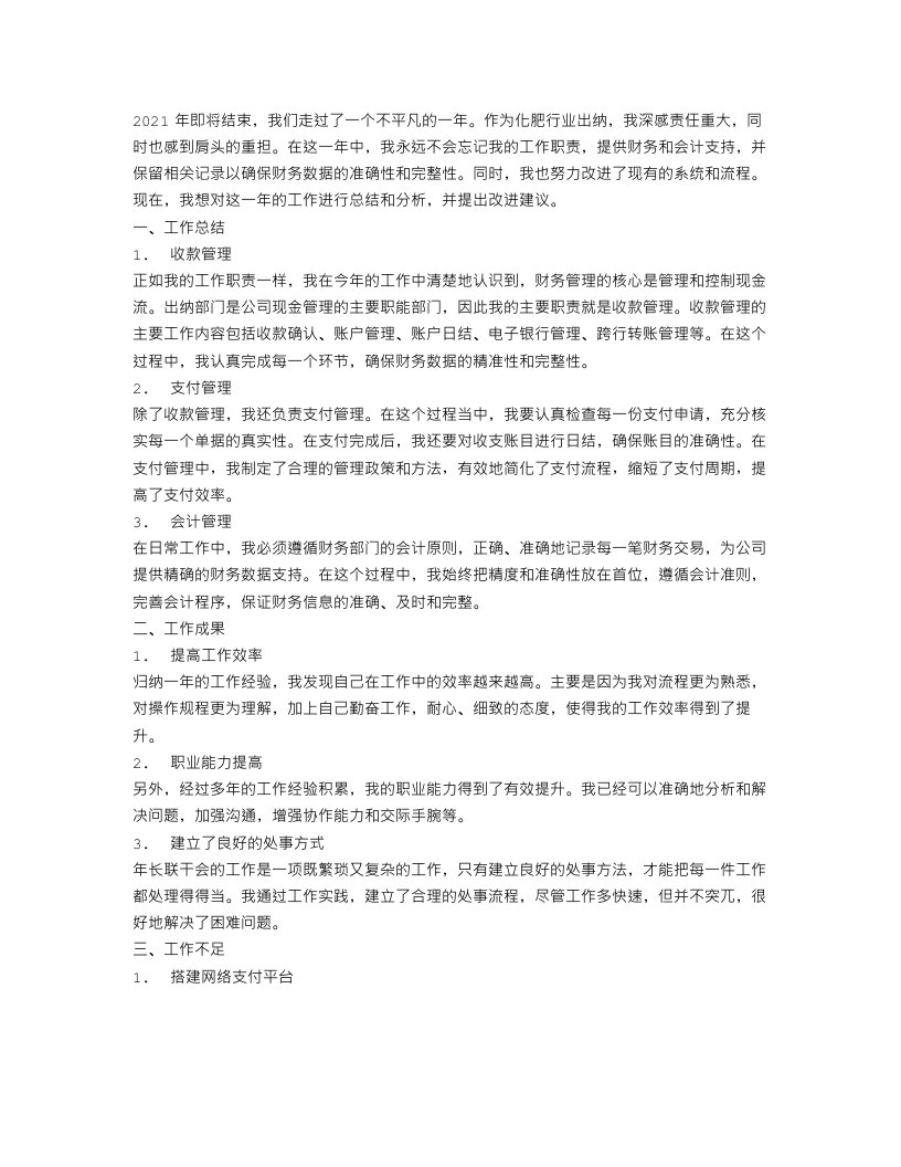 化肥行业出纳年终工作总结报告怎么写