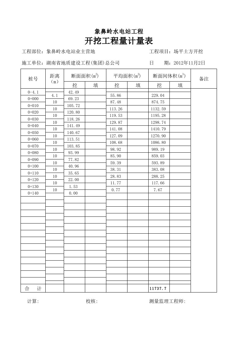 土石方工程量计量表