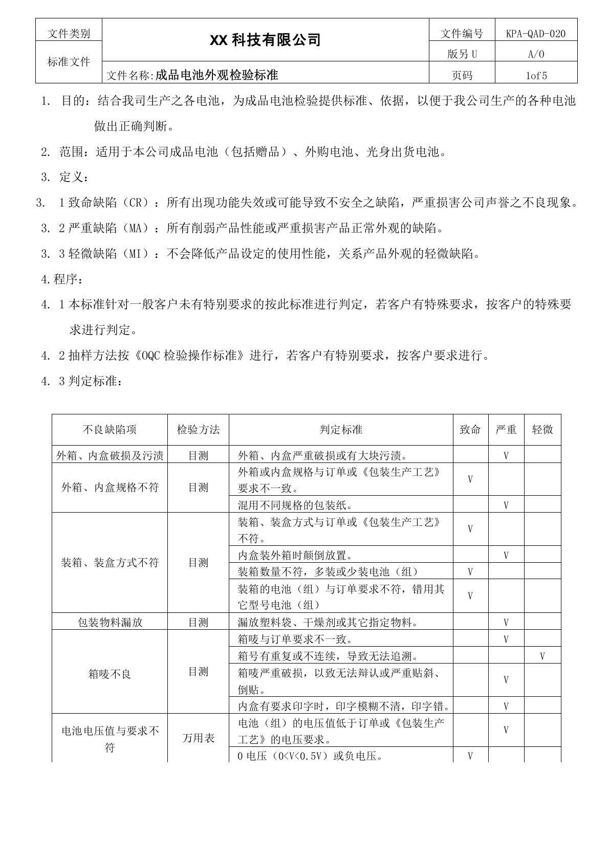 成品电池外观检验标准