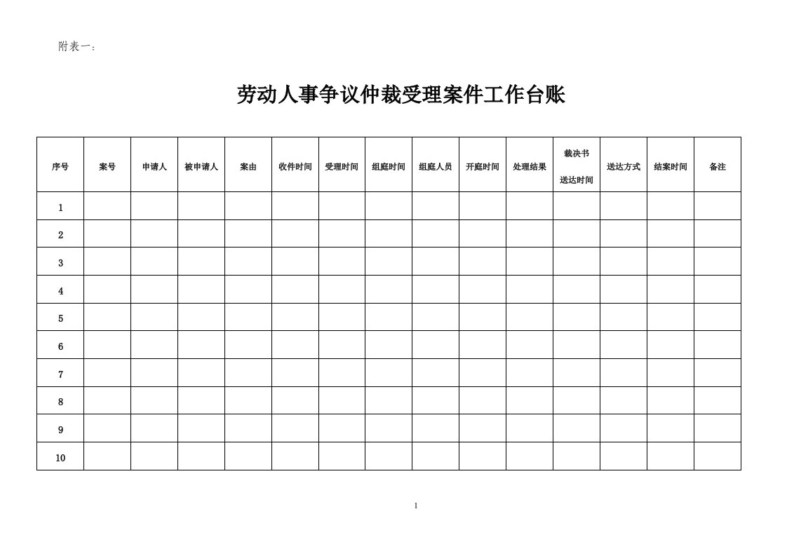 劳动人事争议仲裁受理案件工作台账