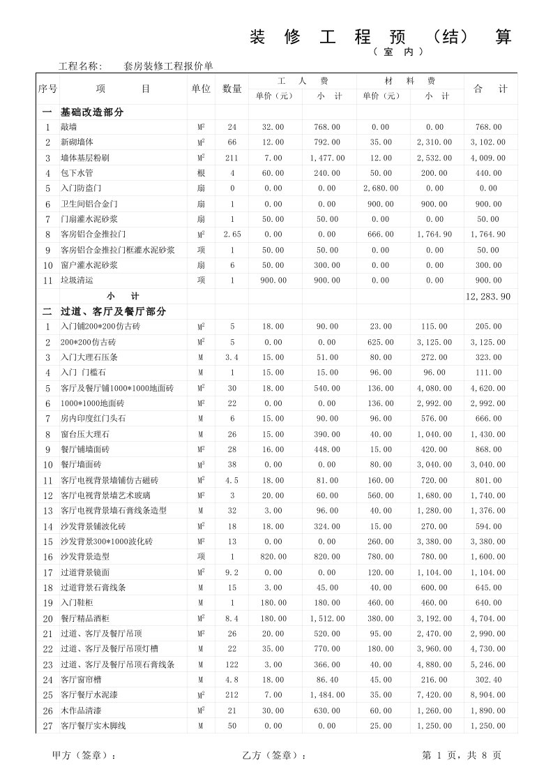 套房装修报价表