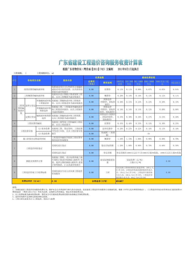 广东省建设工程造价咨询服务收费项目和收费标准表《粤价函【2011】742号)》