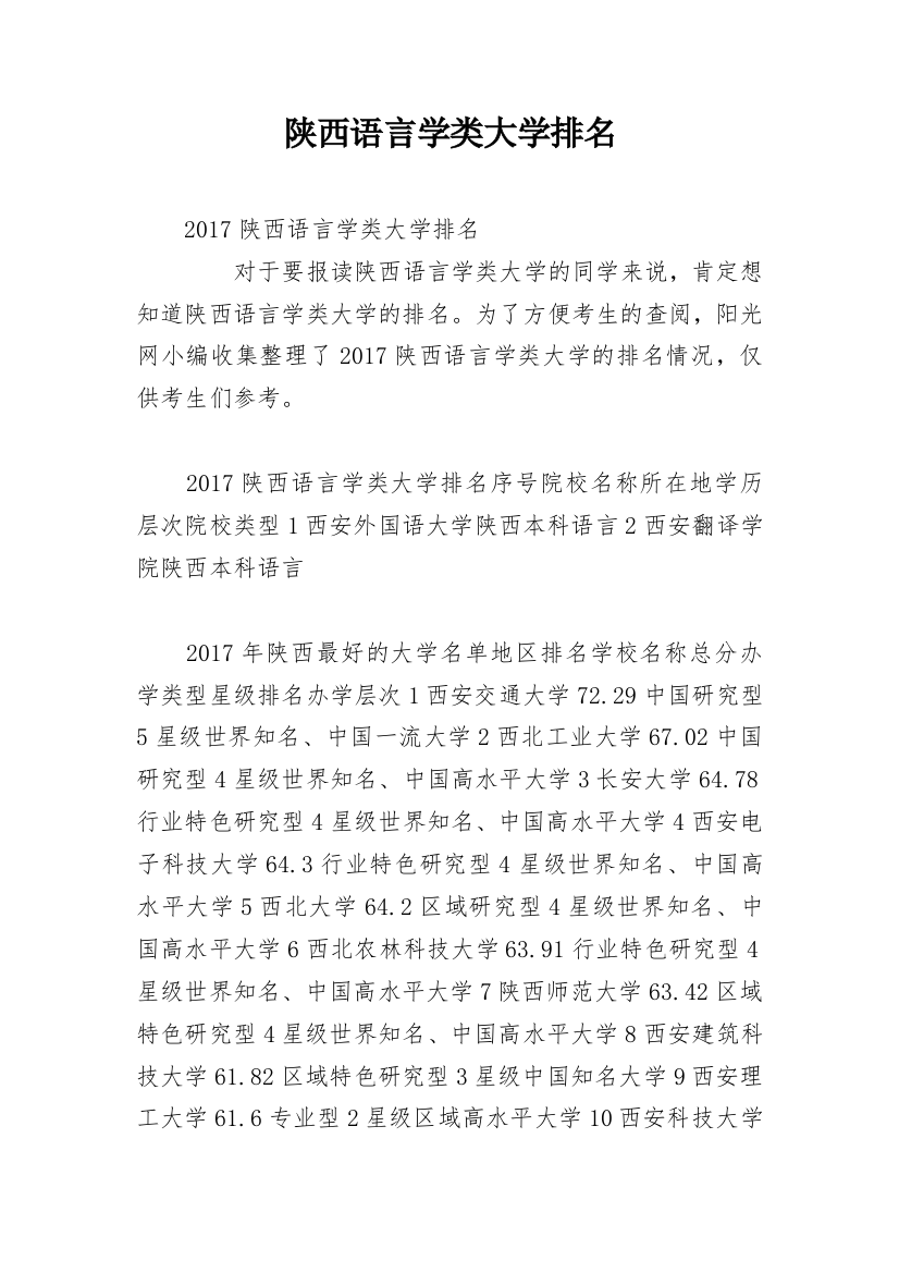 陕西语言学类大学排名