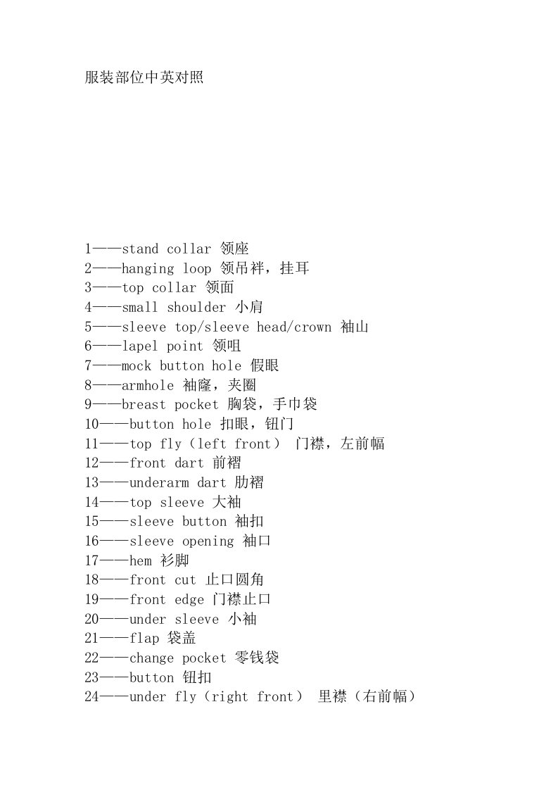 服装行业管理-服装部位中英对照