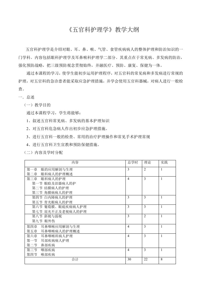 五官科护理学教学大纲