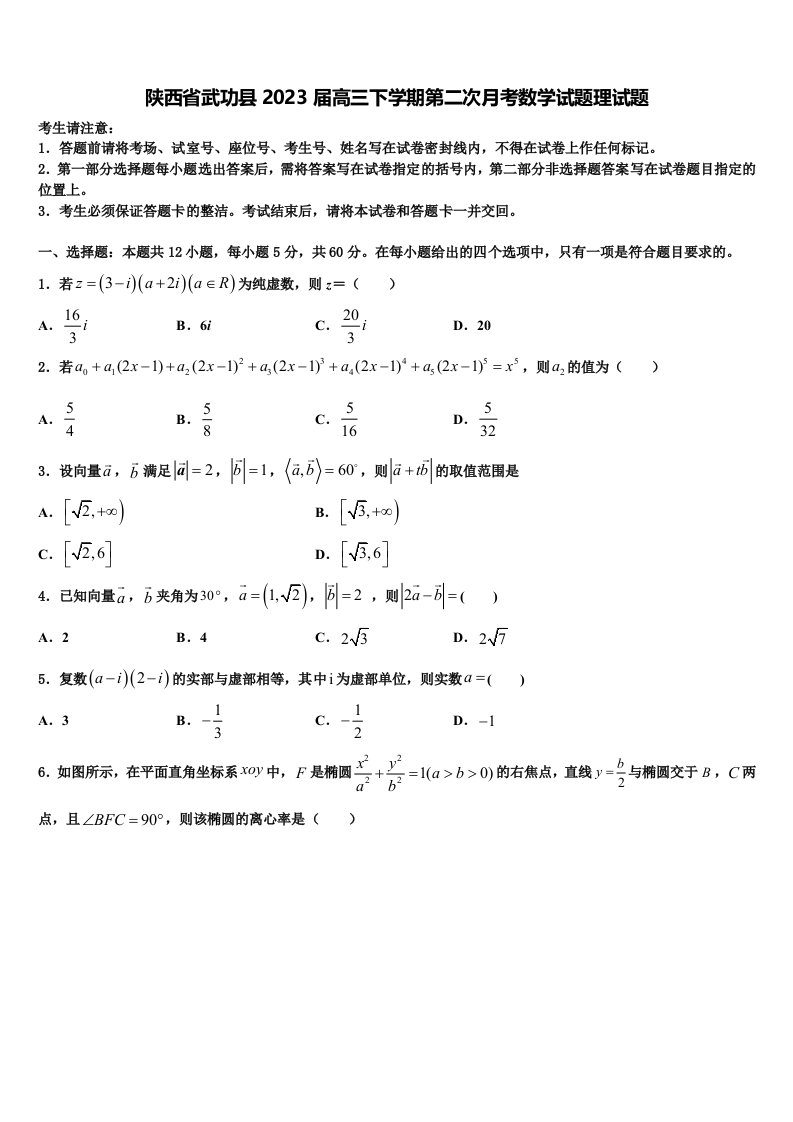 陕西省武功县2023届高三下学期第二次月考数学试题理试题