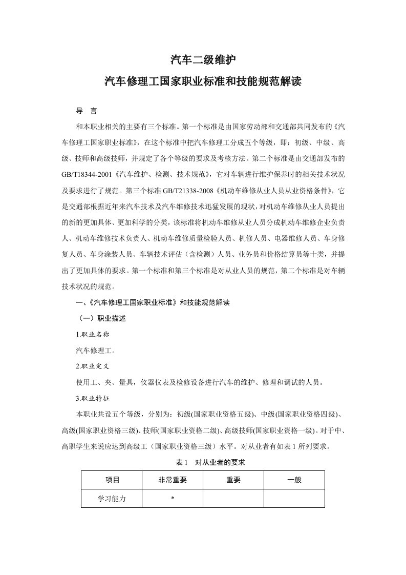 汽车二级维护汽车修理工国家职业标准和技能规范解读