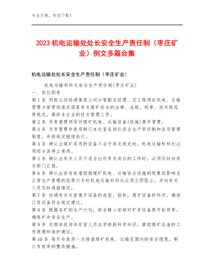 2023机电运输处处长安全生产责任制（枣庄矿业）例文多篇合集