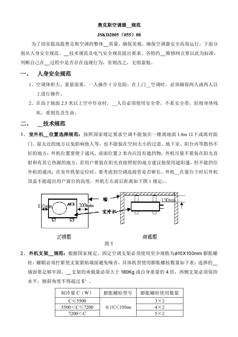 奥克斯空调器安装规范