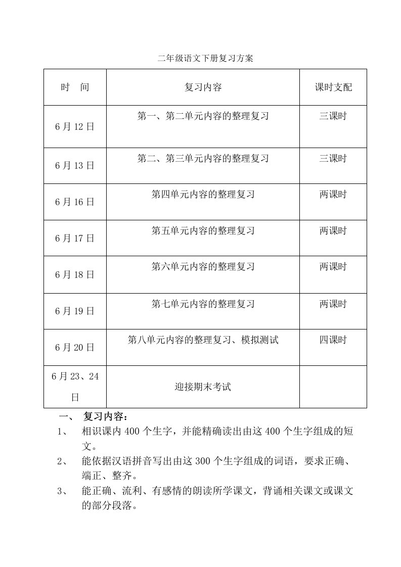 二年级语文下册复习计划及教案