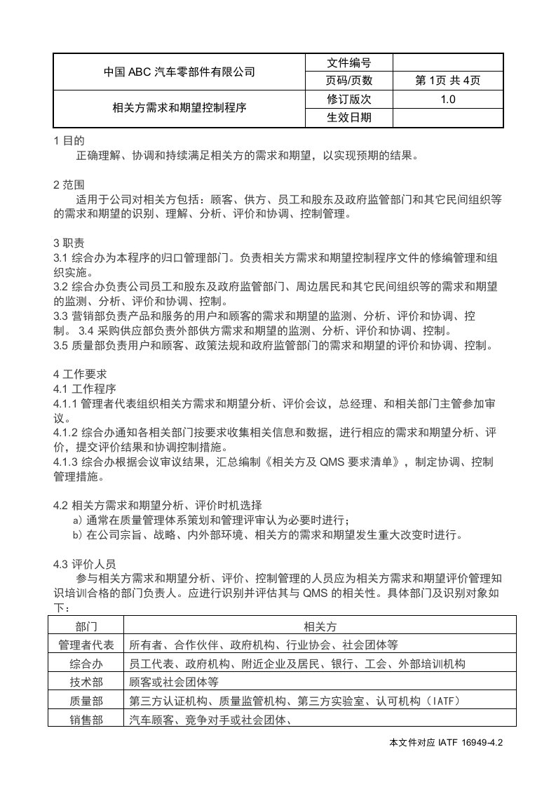 IATF16949相关方需求和期望控制程序