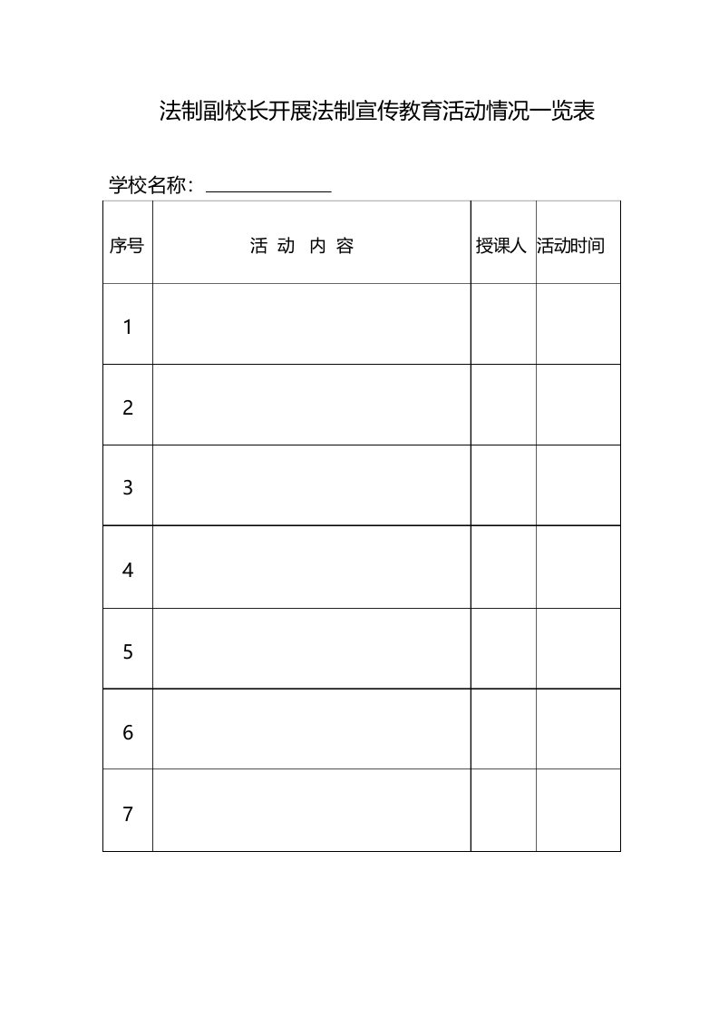 法制副校长开展法制宣传教育活动情况一览表