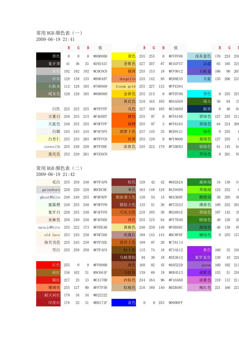 常用颜色的RGB值