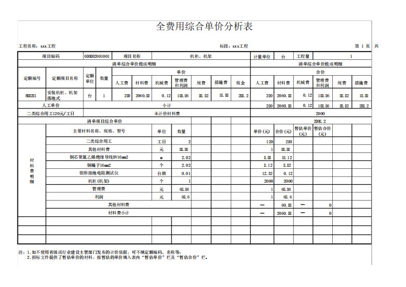 广联达全费用综合单价分析表样式