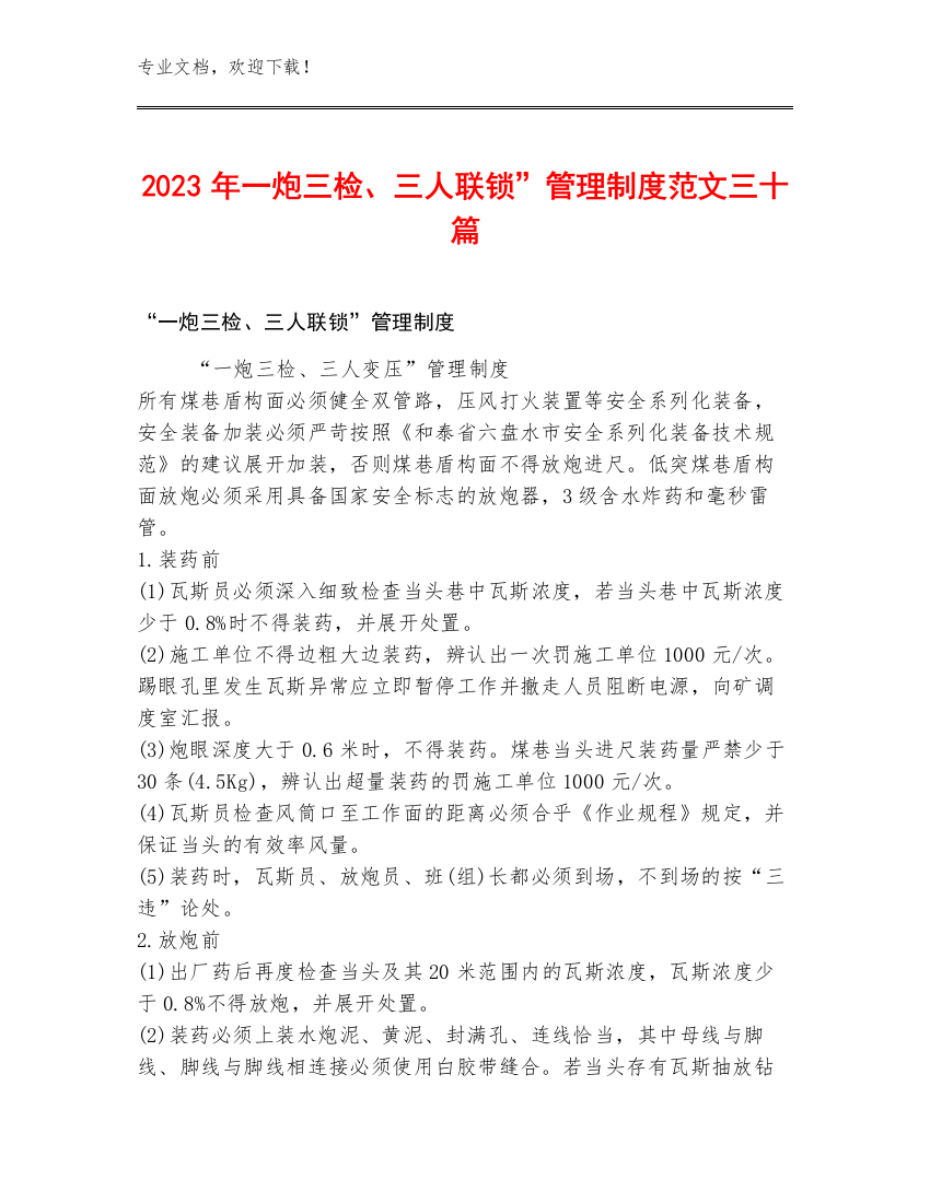 2023年一炮三检、三人联锁”管理制度范文三十篇