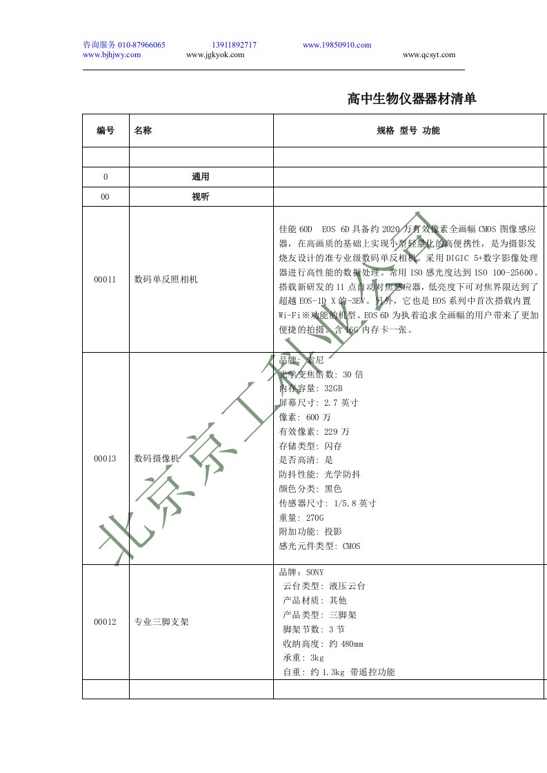 高中生物仪器器材清单