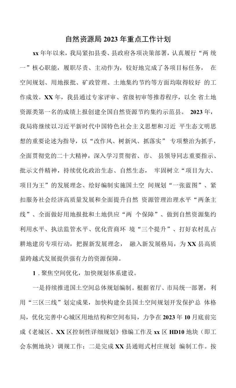 自然资源局2023年重点工作计划