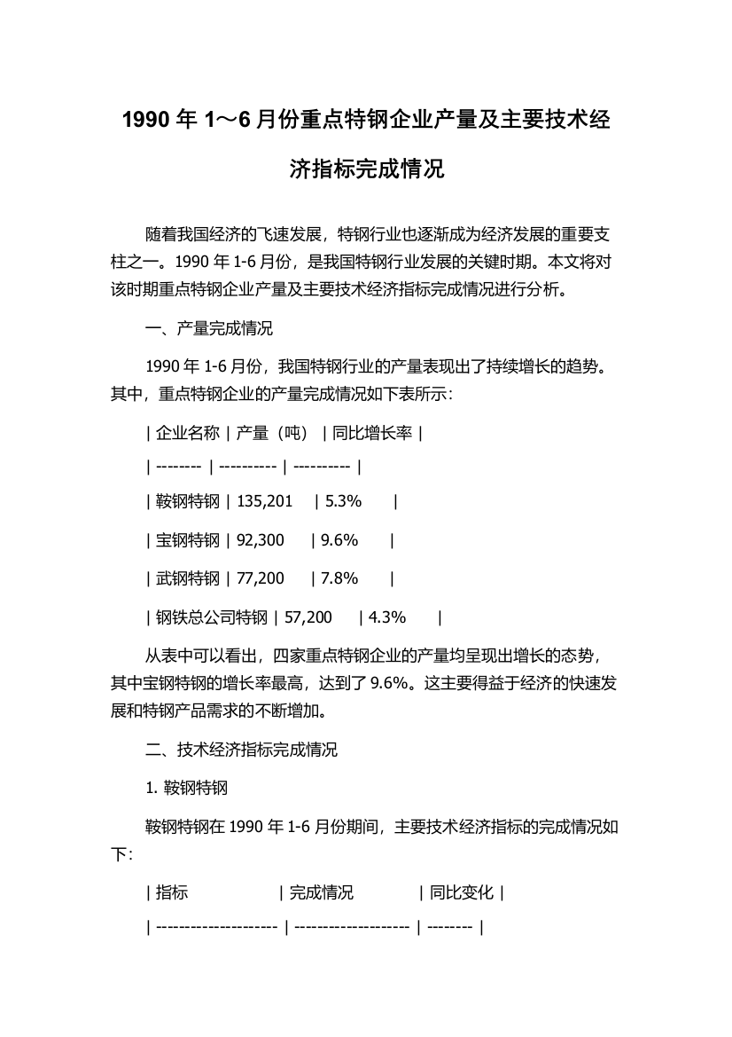 1990年1～6月份重点特钢企业产量及主要技术经济指标完成情况