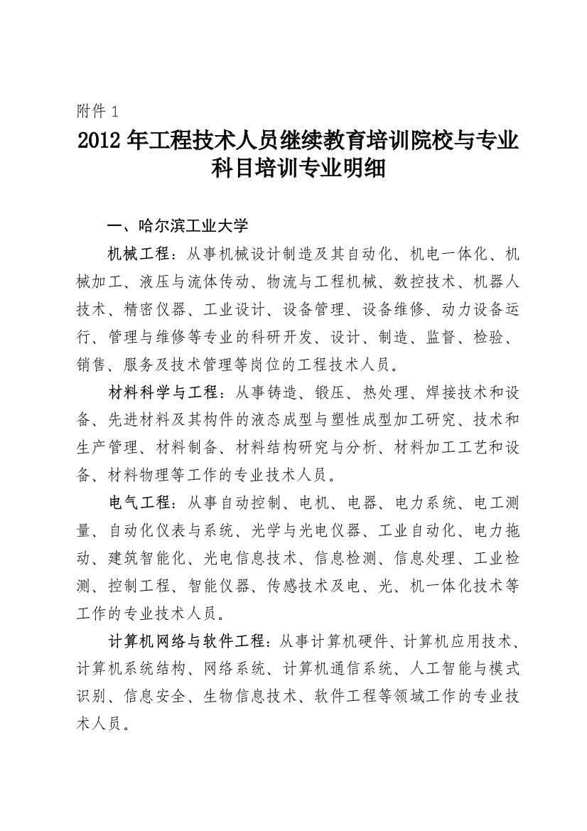 哈尔滨市2012年工程技术人员继续教育培训院校与专业科目培训专业明细