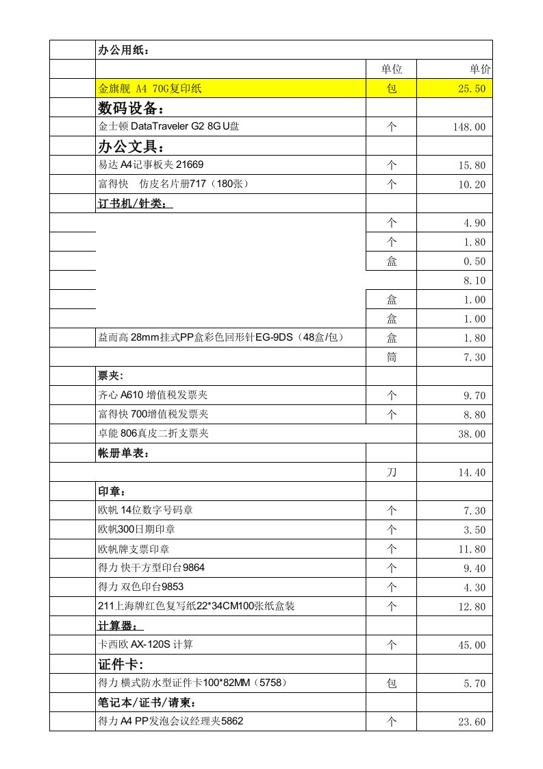 办公用品报价清单