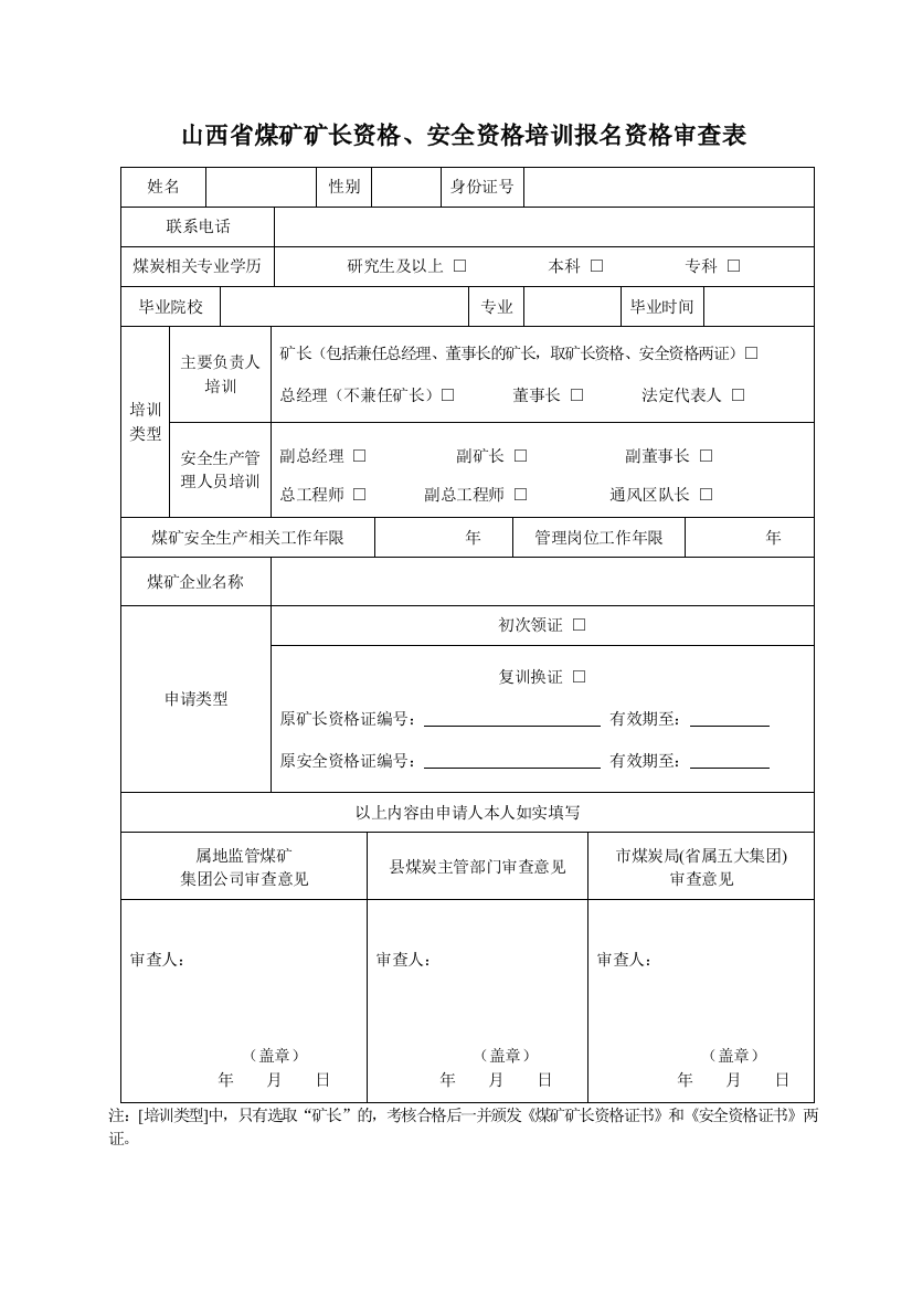 山西省矿长资格、安全资格证培训报名资格审查表、变更表