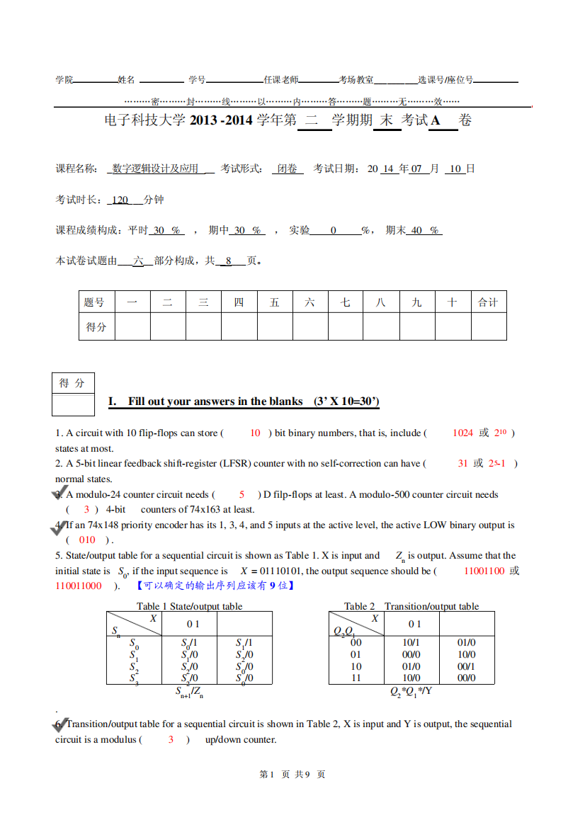 2024《数字逻辑设计》期末考试-试题及参考解答