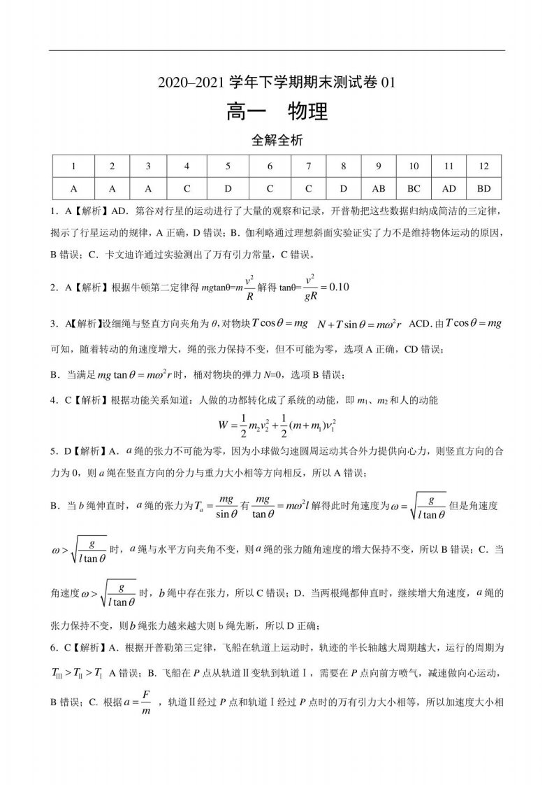 2020-2021学年高一物理下学期期末测试卷（粤教版）01（全解全析）