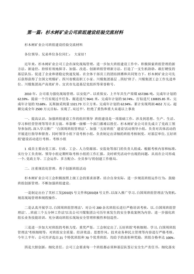 杉木树矿业公司班组建设经验交流材料[修改版]