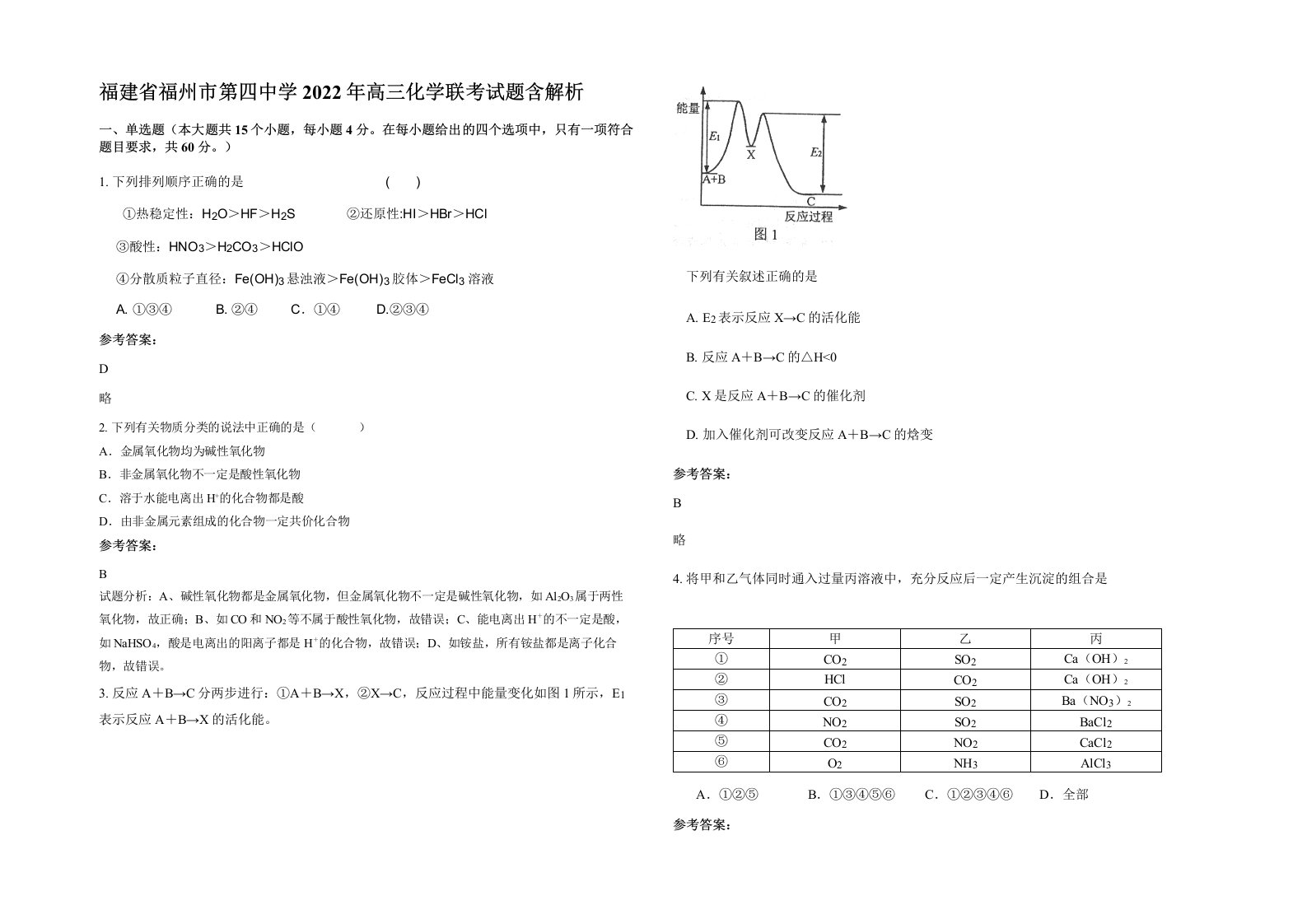 福建省福州市第四中学2022年高三化学联考试题含解析